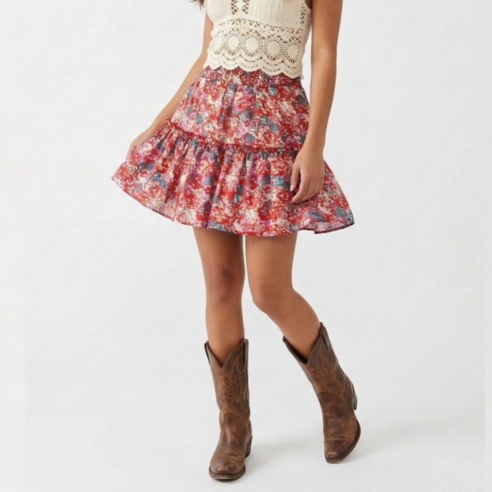 Fanco Cottagecore Mini Skirt Red Pink Floral Tiered Ruffle Festival Size S